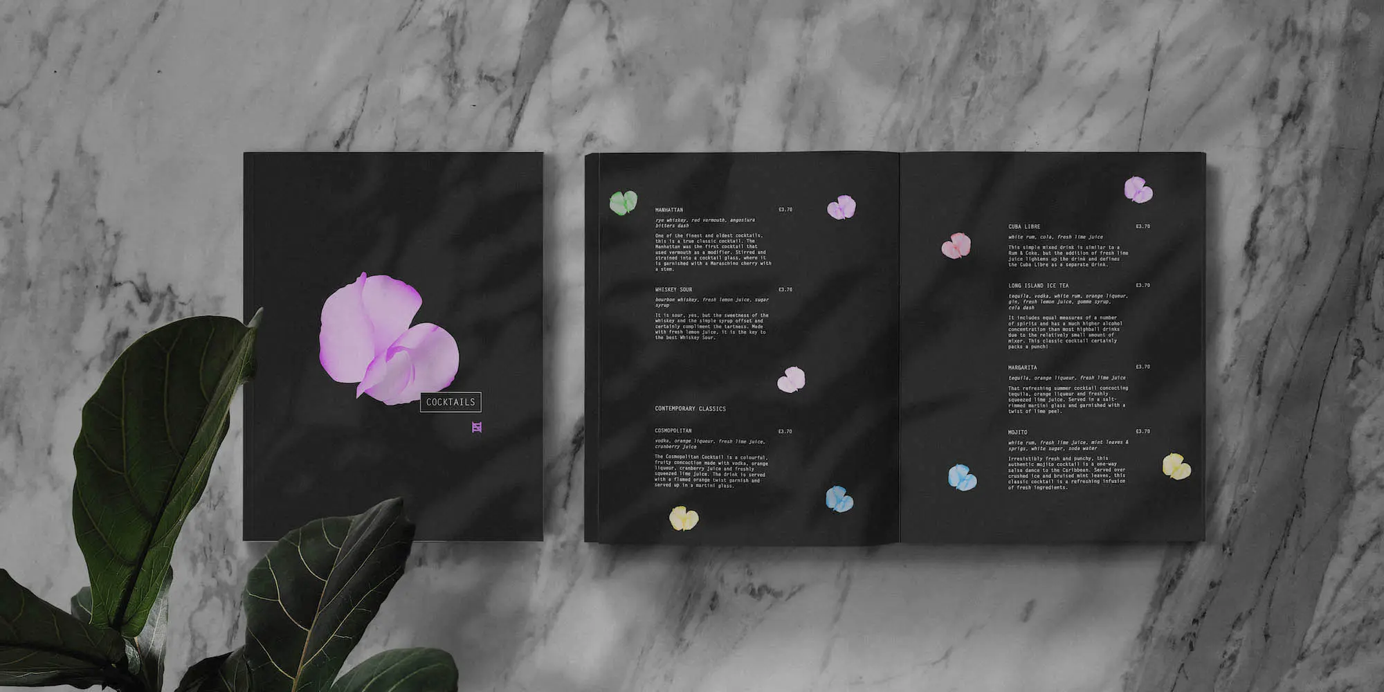 Contemporary menu design with custom flower illustrations for a cocktail bar and restaurant in Wem, Shropshire – elegant print design by Shrewsbury-based graphic designer.
