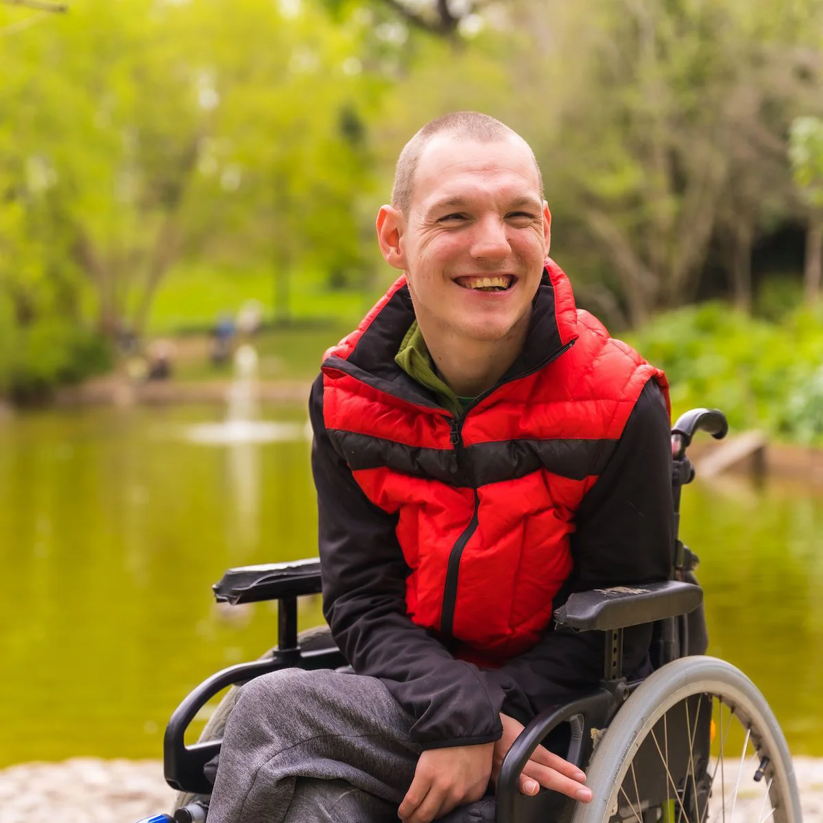 Man in wheelchair enjoying The Lyneal Trust, Ellesmere, Shropshire