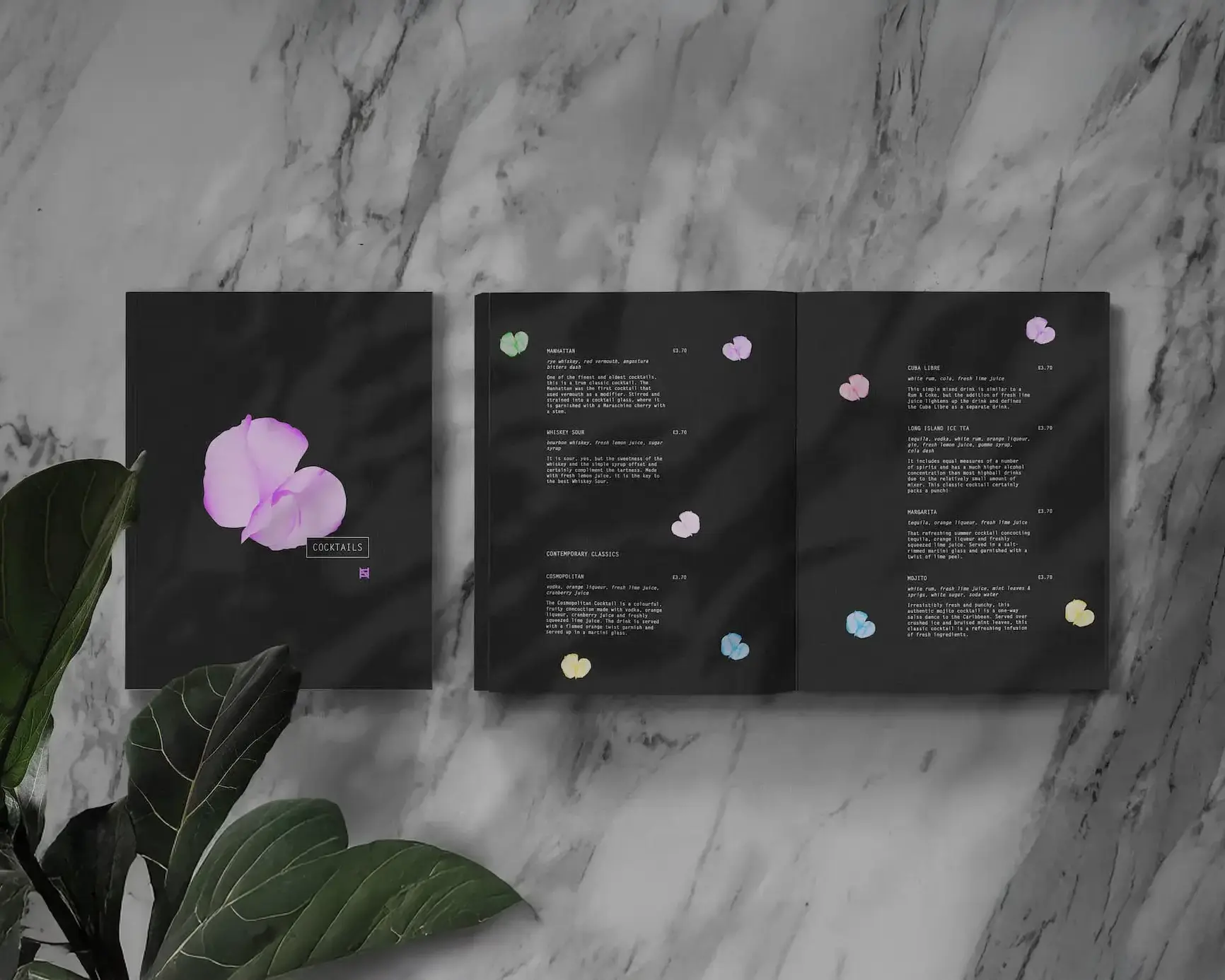 Contemporary menu design with custom flower illustrations for a cocktail bar and restaurant in Wem, Shropshire – elegant print design by Shrewsbury-based graphic designer