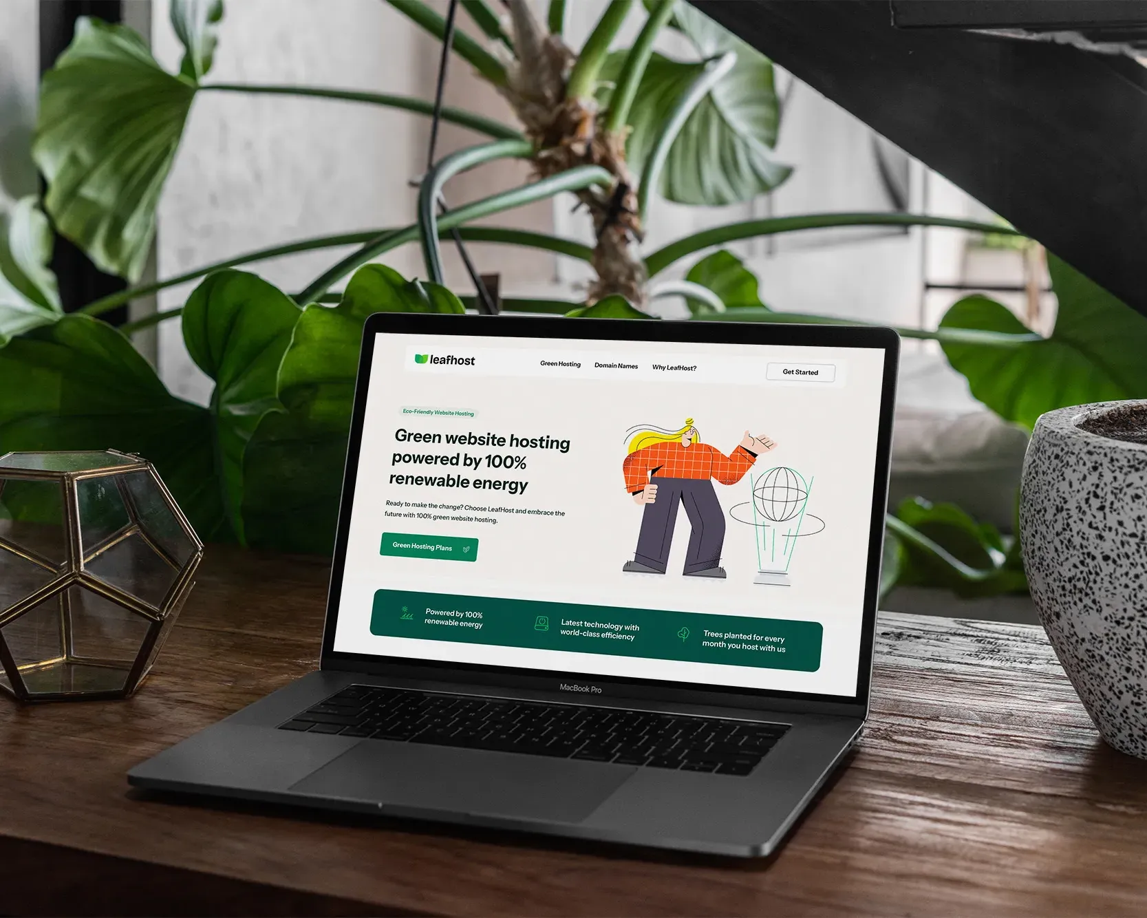 LeafHost website on MacBook with greenery in background – nature-inspired web design for eco hosting brand in the UK