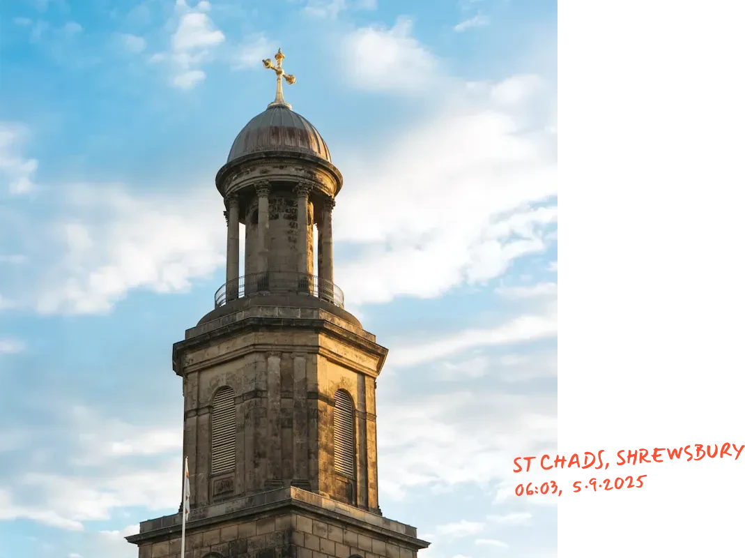 St Chad’s Church in Shrewsbury, Shropshire, tower and dome in morning light with handwritten timestamp overlay
